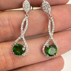 Green Garnet & Cubic Zirconia Dangle Earrings VTG Sterling Silver 925 Size 1" Le